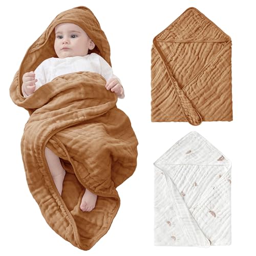 JELLYMONI Muslin Baby Hooded Bath Towels for Newborn, 2 Pack 100% Cotton Baby Bath Towel with Hood for Baby, Infant, Toddler and Kids, Large 32 x 32 Inch Baby Bath Towels Soft and Absorbent