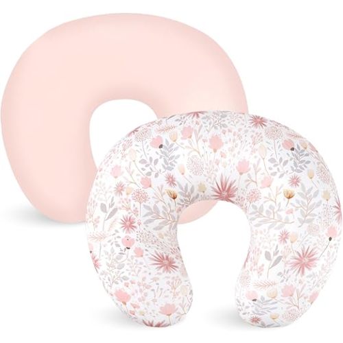 Nursing Pillow Cover 2 Pack, Breastfeeding Pillow Cover for Baby Girls Boys, Soft Stretchy Nursing Pillowcase for Infant Newborn, Removable Slipcover for Nursing Pillows, Pink Floral (Only Cover)