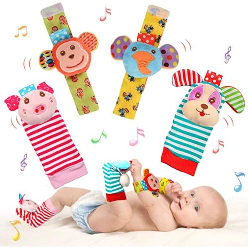 Soft Baby Rattle Toys, Wrist Rattle Foot Sock Rattles, Hand Arm Leg Ankle Handheld Rattles for Infants, Sensory Plush Animal Toys for Newborn Baby Girls and Boys (A4)