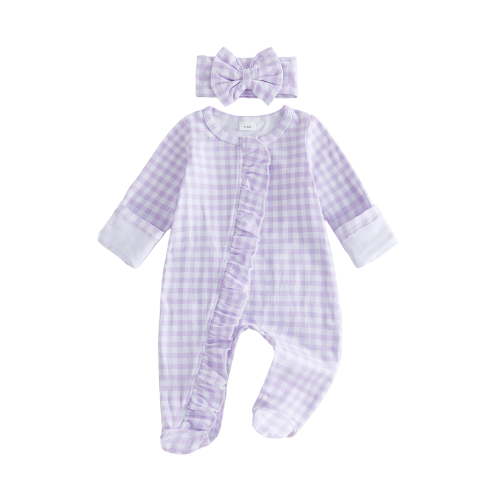 Svuitmsl Premium Newborn Baby Girl Hospital Going Home Outfit Spring Fall Winter Clothes Plaid Gingham Footed Romper Long Sleeve Ruffled Zipper Footie Jumpsuit with Headband