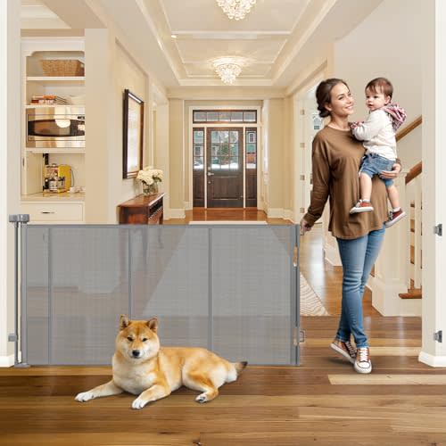 Reinforced 100” Extra Wide Baby Gate for Doorway, 33” Tall Retractable Dog Gate with Reinforced Strips, 8.33 Ft Wide Baby Gates for Large Openings, Anti-Scratch Retractable Pet Gates for Dogs, Gray
