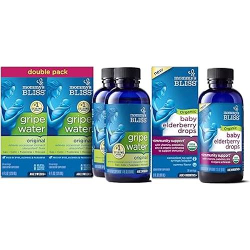 Mommy's Bliss Gripe Water Original 4 Fl Oz (Pack of 2) with Organic Baby Elderberry Drops 3 Fl Oz (Pack of 1)