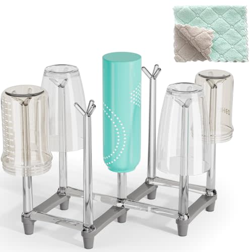 Marbrasse Retractable Cup Drying Rack, Drinking Glass and Sports Bottle Drainer Stand, Plastic Bag Dryer with Non-Slip Bottom for Kitchen Countertop