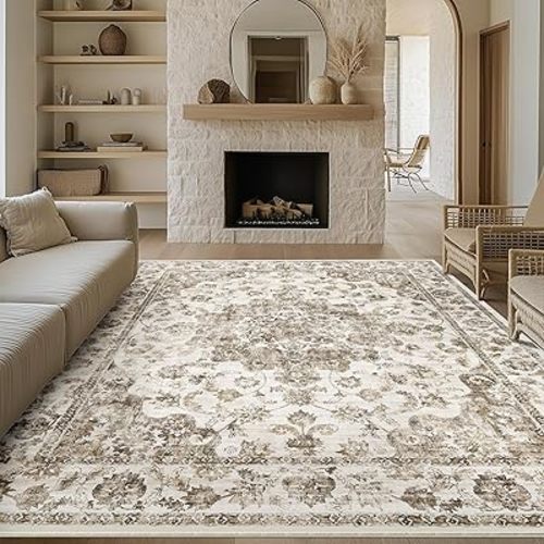 8x10 Washable Neutral Area Rug Brown Floral Living Room Bedroom Large Carpet Non-Slip Low Pile Vintage Soft Thin Throw Rug for Dining Room Office Kitchen Indoor Nursery