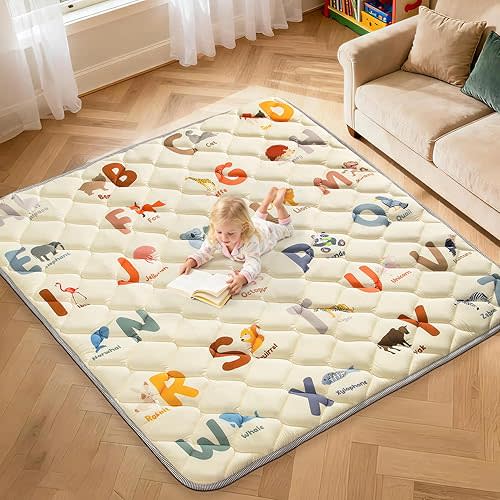 Baby Play Mat - 59x59 Thick Floor Mat for Baby - Crawling Mats for Babies 6-12 Months Non-Slip Washable Play Mat - Kids Foam Playmat Animals Alphabet Design