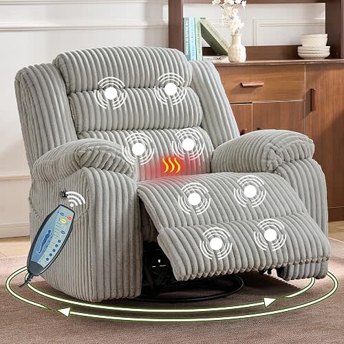 Oversized Power Swivel Rocker Recliner for Living Room, Extra Wide Glider Nursery Rocking Chair with Vibration Massage and Heat, USB & Type-C Charging Port and Cup Holder for Adults