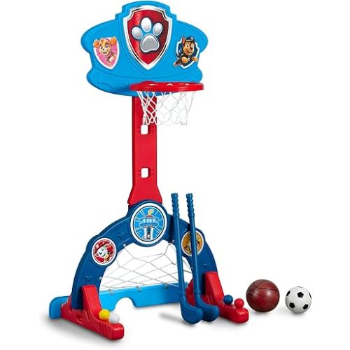 Delta Children PAW Patrol 4-in-1 Sports Center – Adjustable Easy Score Basketball Hoop, Soccer/Hockey Net and Golf Game, Blue