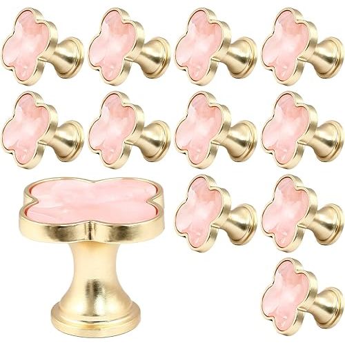 12 Pack Cabinet Knobs, Clover Decorative Drawer Knobs, Brushed Gold Kitchen Cabinet Pulls, Vanity Drawer Handles for Closet, Cupboard, Pantry (Pink)
