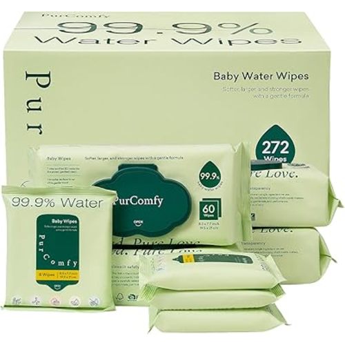PurComfy Baby Wipes Unscented, 4 Flip-Top Packs + 4 Travel Pack 99.9% Water Wipes with Plant Based, Hypoallergenic for Sensitive Newborn Skin, Total 272 Count Wet Wipes
