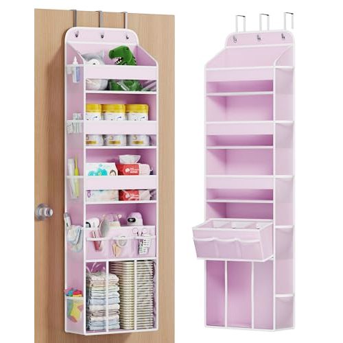 OneDream 5-Tier Over the Door Organizer with Removable Storage Caddy, Baby Clothes Organizer for Nursery, Hanging Behind Door Storage with Clear Pockets and Side Mesh Compartments, Pink