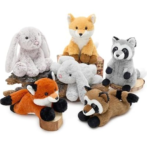 Tezituor 6 Pack Woodland Stuffed Animal Plush Toys, 8 inch Cute Bunny Fox Raccoon Plush Bulk Set, Cuddly Gift for Toddlers & Adults, Ideal for Nursery Decor & Party Favors