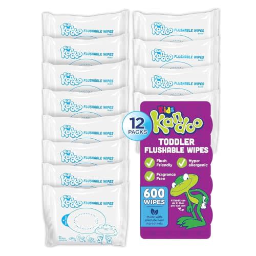 Flushable Wipes for Baby and Kids by Kandoo, Sensitive and Unscented Formula, Hypoallergenic Potty Training Wet Cleansing Cloths, 50 Count, Pack of 12