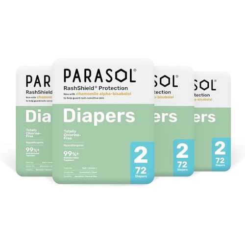 Parasol Clear+Dry Disposable Diapers, RashShield Protection and Leak-Control Fit, Hypoallergenic Diapers, Size 2 (10-18 lbs), 288 Count