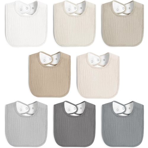 8 Pack Muslin 100% Cotton Baby Bibs for Unisex, Soft and Absorbent Gender Neutral Set for Feeding and Drooling - Grey