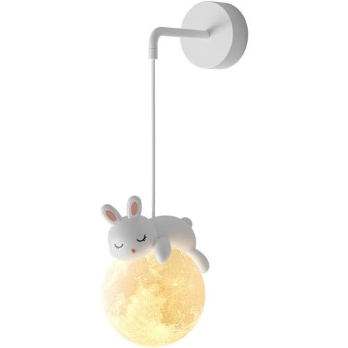 Renter Friendly Hardwired Wall Sconce Kids Room 3D Printing Moon Ball Bedroom Wall Light Cute Cartoon Animals Rabbit Panda Bear White Nordic Dimmable Bedside Wall Lamp For Boys Girls Room Children Nur
