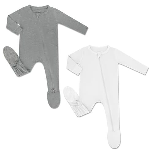 HAPIU Rayon from Bamboo Baby Pajamas Sleepers Footies, 2 Way Sturdy Zipper | Ultra Soft & Breathable for Sensitive Skin, Stretchy, with Mittens, Easy Diaper Changes, Baby Girls Boys, Newborn -24 Months