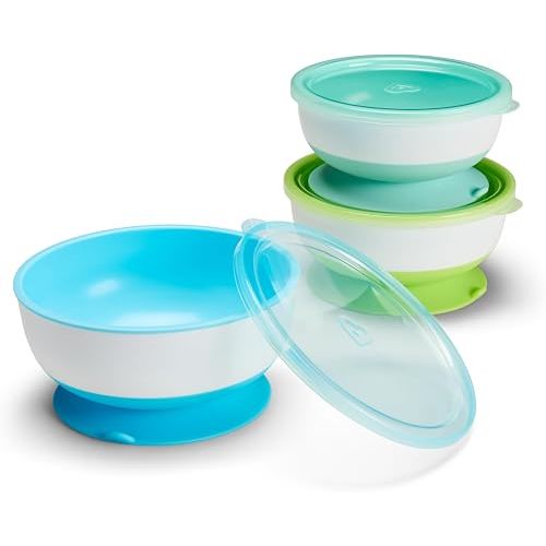 Munchkin Stay Put Suction Baby Bowls with Lids - Dishes for Babies and Toddlers, Self-Feeding Bowl Set for Kids 6+ Months, 3 Pack, Blue/Green