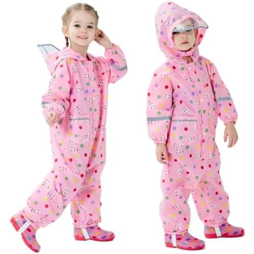 Boys Girls Toddler Rainsuit Kids Waterproof Coverall Cartoon Rain Suit One Piece Rain Coat