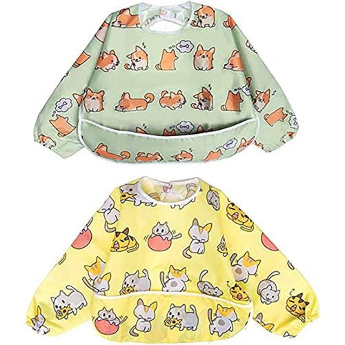 Little Dimsum Full Sleeved Feeding Bib 2 Pack,Baby & Toddler Waterproof Bib Apron,Food Protection Large Pocket Eating Smock 6-48 Months (Little Puppy/Little Cat)