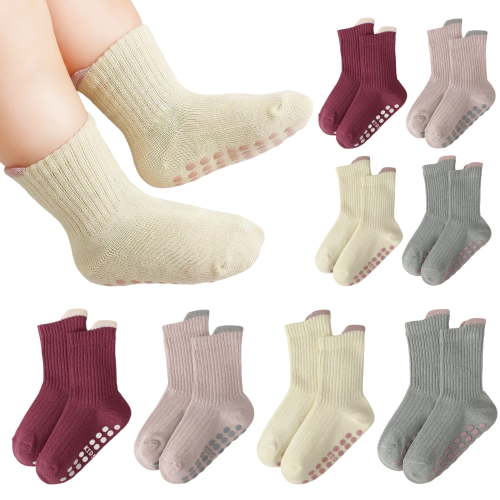 Bocaoying 8 Pairs Baby Non Slip Socks, 1-3 Toddler Crew Socks, 80% Combed Cotton Anti Skid Soles & Heel Pull Tab 4-Color Socks Gift Set