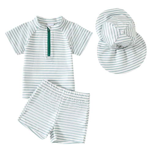 WOYY Boys Striped Swimsuit Short Sleeve UPF 50+ Rash Guard & Swim Trunks & Hat