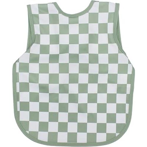 BapronBaby Sage Checkerboard Bapron - No Neck Tie Safer Bib for Baby & Toddler - Soft Waterproof Stain Resistant - Machine Washable - Sz Baby/Toddler 6m-3T