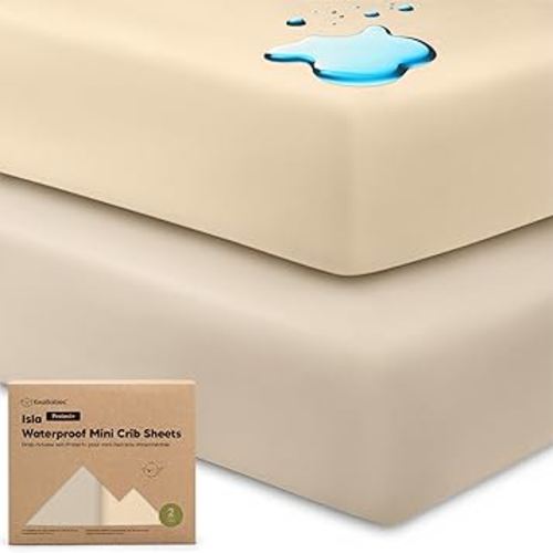 2-Pack Waterproof Pack and Play Sheets, Mini Crib Sheets Fitted for Boy, Girl - 38 x 26 Viscose from Bamboo Pack N Play Mattress Sheets for Graco, Toddler Playard Baby Crib Sheets Neutral (Macadamia)