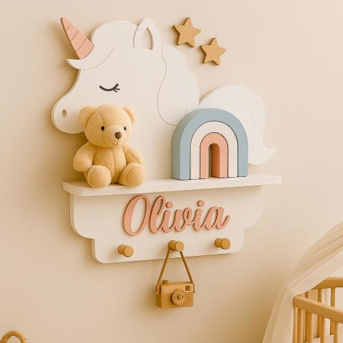 Fairy tale children room decor, White floating shelf unicorn shaped, Custom name wall shelf for small decor, Birthday gift from grandparents