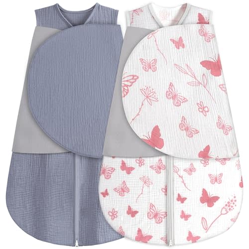 BSTOPPT Newborn Sleep Sack Baby Swaddle,100% Muslin Cotton 3-Way Adjustable Wearable Blanket,Swaddling Sleeping Bag (2, Gray & Pink Butterfly, 0-3 Months)