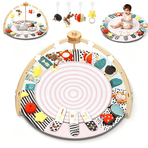 Wooden Gym Mat with Detachable Sensory Toys Baby Playmat for Infants Tummy Time Activity Mat Newborn Baby Gift,Pink