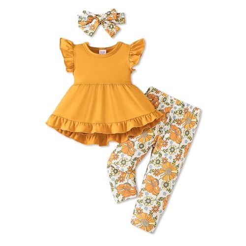 Toddler Baby Girl Clothes Infant Girl Outfits Fall Ruffle Floral T-Shirt Top Pants Set Winter Spring Clothes