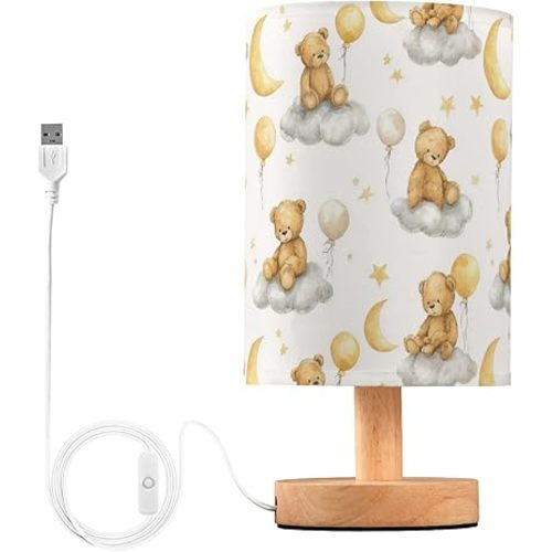 Table Lamp Teddy Bears Nightstand lamp Fabric Lamps with Wood Base Fabric Shade Bedside Desk Lamps for Bedroom Living Kids Room Desk Nursery Office Cute Stars Home Decor