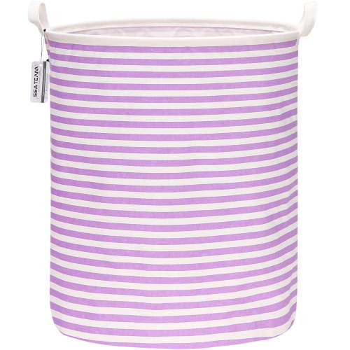 Sea Team Collapsible Canvas Fabric Laundry Hamper with Handles, Cylindric Waterproof Storage Basket, Closet Organizer, 19.7 x 15.7 Inches, Purple Stripe