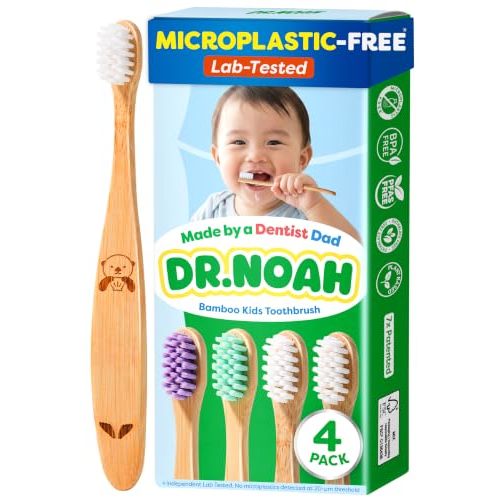 Dr. Noah Microplastic-Free Bamboo Baby Toothbrush, Dentist Designed, 4 Pack | 656 Substances Safety Tested | BPA, PFAS & Phthalate Free | Extra Soft Bristles | Infant to Toddler, 6-12 Months, Age 2-4