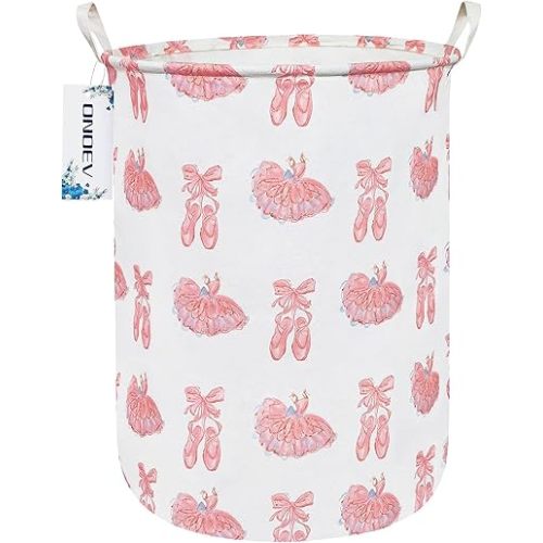 Round waterproof laundry basket,foldable storage basket,laundry Hampers with handle,gift basket,suitable for children's room and toy storage (Pink lace dance shoes)