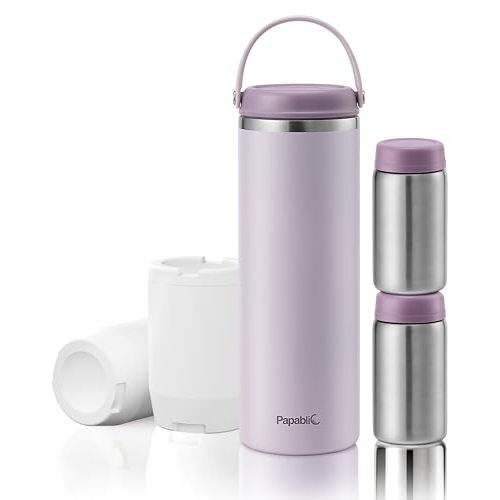 Papablic 360° CapsuleChill Breastmilk Cooler for 36H Safe Storage, Stress-Free Portable Breast Milk Chiller for Working Mom, 20oz Travel Cooler with 2pcs Stainless Steel Baby Bottles, Lilac Purple