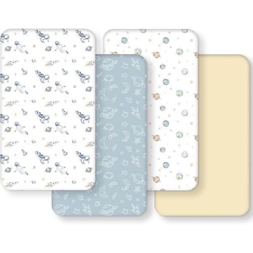 Baby Crib Sheets for Boys and Girls, Toddler Bed Sheets Fitted for 52”x28” Standard Crib and Toddler Mattresses, 4 Pack Soft Stretchy Microfiber Blue Space Astronaut