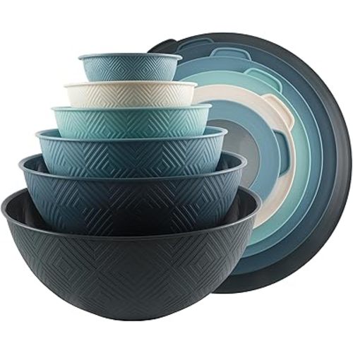COOK WITH COLOR Mixing Bowls with Lids - 12 Piece Plastic Nesting Bowls Set includes 6 Prep Bowls and 6 Lids, Rhombus Design - Microwave Safe (Blue)