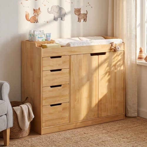 Latitude Run® Solid Wood Changing Table With 4 Drawers, Cabinet, Safe & Easy Access – Nursery Dresser | Wayfair