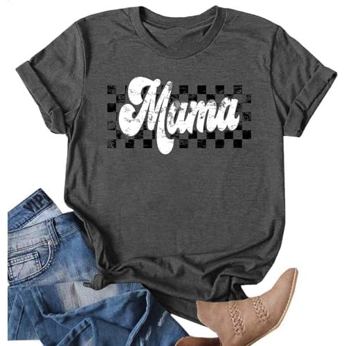 Mama Shirts Women Mothers Day Shirt Mom Life T-Shirt Vintage Checkers Mama Shirt Mommy Gifts Tee Tops