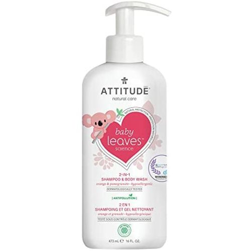 ATTITUDE Baby Shampoo and Body Wash 2-in-1, EWG Safe Hypoallergenic & Vegan, Extra Gentle On Sensitive Skin, Orange and Pomegranate, 16 Fl Oz - Orange & Pomegranate