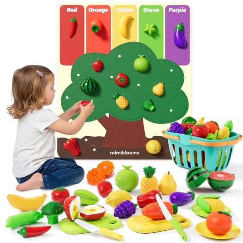 Color Sorting Play Food Set with Cutting Fruits&Felt Tree Mat | Pretend Food Play Kitchen Accessories,Food Playset, Preschool Learning Toys for Kids Ages 3 4 5 6 Boys Girls Gift