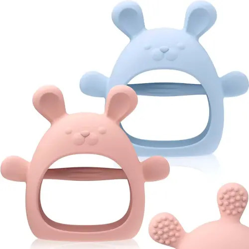Baby Teething Toys Silicone 2 Pack Teethers Pacifier for Babies Over 3 Months Anti Dropping Wrist Hand Teethers Mitten Baby Chew Toys for Sucking Needs, BPA Free (Blue & Pink)