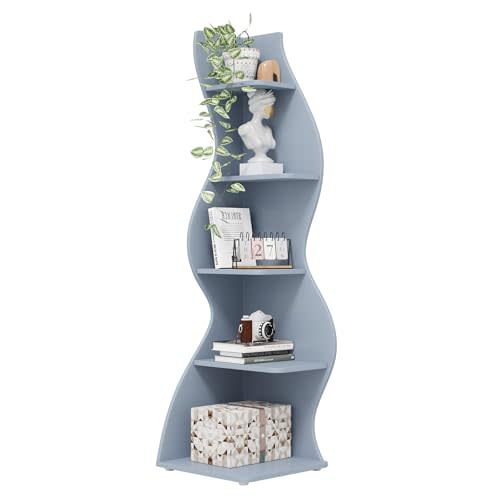 Tribesigns Corner Shelf, Modern 5-Tier Wall Corner Bookshelf, Stylish Corner Small Bookcase Storage Rack Plant Stand with Unique Shape for Living Room, Home Office (Blue, 1PC)