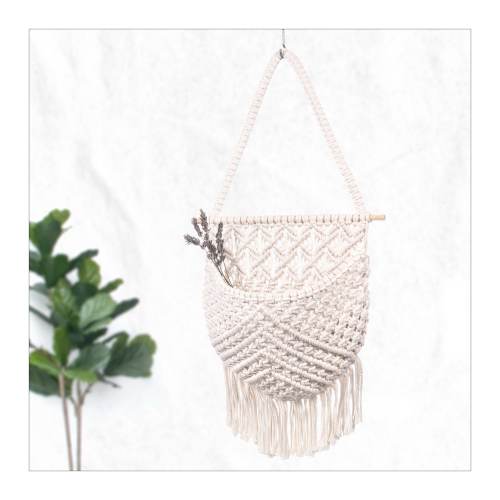 Boho Macrame Hanging Storage Basket - Fruit Hammock for Kitchen, Under Cabinet - Wall Basket Decor, Foraging Tote - Cotton, Off White