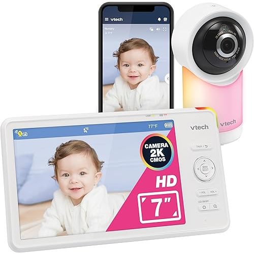 VTech Smart WiFi 7” HD Display Video Baby Monitor, 1080p HD Camera via App, Pan-Tilt-Zoom, Night Light, 2-Way Talk, 2K CMOS Video Sensor, Wide-Angle Viewing, Rechargeable Battery, Free App: RM7866HD