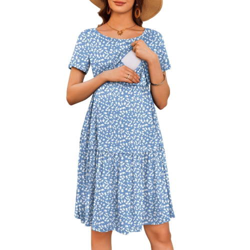 Ekouaer Nursing Dress Summer Short Sleeve Breastfeeding Casual Knee Length Maternity Dresses