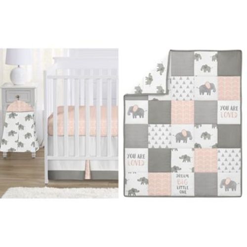 Sweet Jojo Designs Girl Baby Crib Bedding Set - Elephant Pink Grey and White 4pc