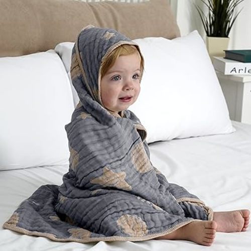 Ultra-Soft Muslin Baby Hooded Towel - 32 x 32 Inches, Ideal for Bath & Beach, Suitable for Both Boys & Girls from Newborns to Toddlers