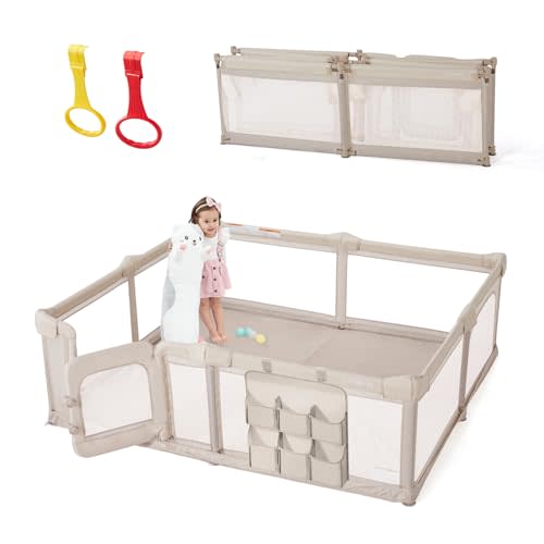 Baby Playpen,71"x79" Foldable Playpen for Babies and Toddlers with Gate,Large Baby Play Pens with Zipper Door,Play Yards Play Area (Light Khaki)